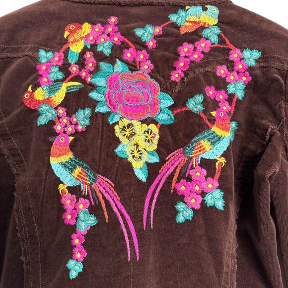 Vintage Johnny Was Floral And Bird Embroidered Brown Corduroy Jacket Women's S - Picture 7 of 15
